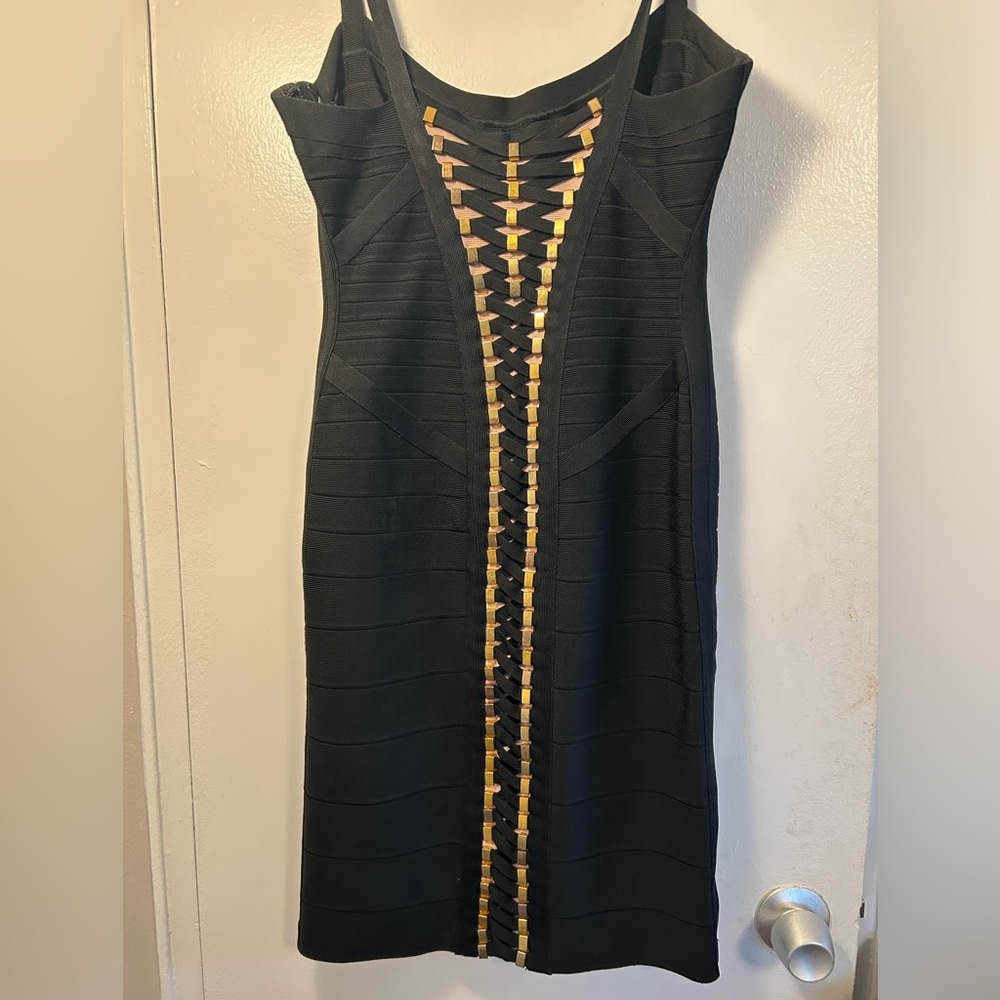 Herve Leger Black Dress LBD! Gold Back